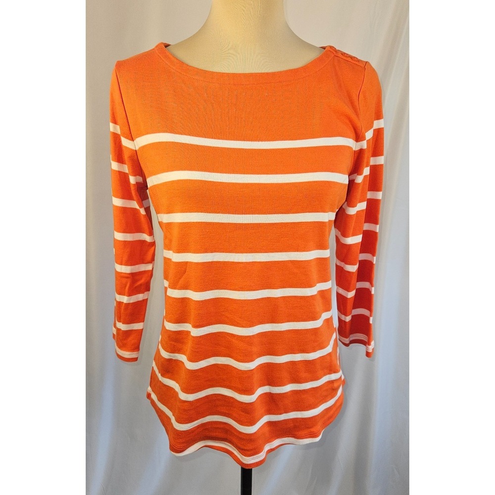 Charter Club Womens Small Orange White Stripe 3/4 Sleeve Top Supima Cotton Shirt